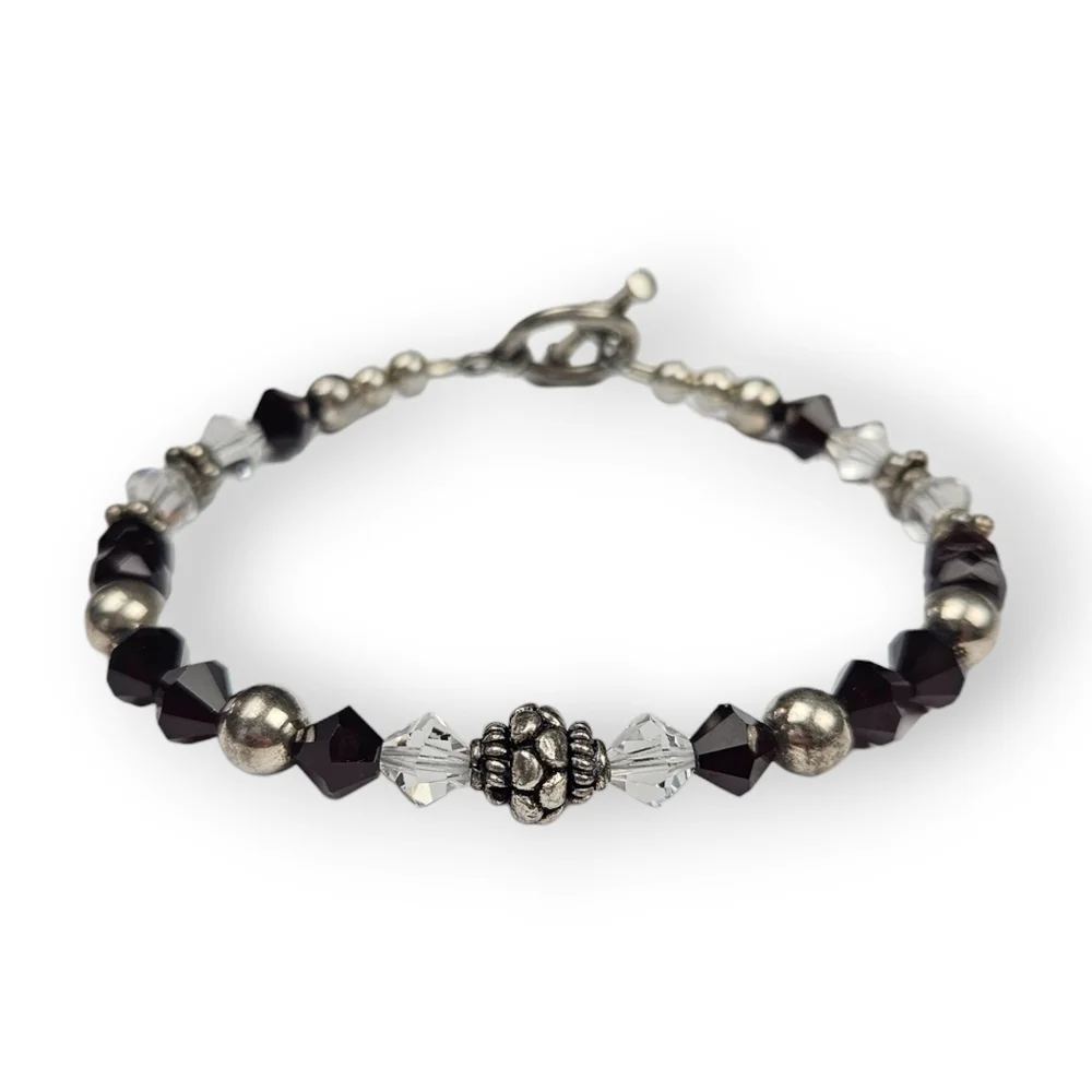 Sterling Black Silver Bracelet Glass Bicone Bead Clear Dark Red 925 Silver 7